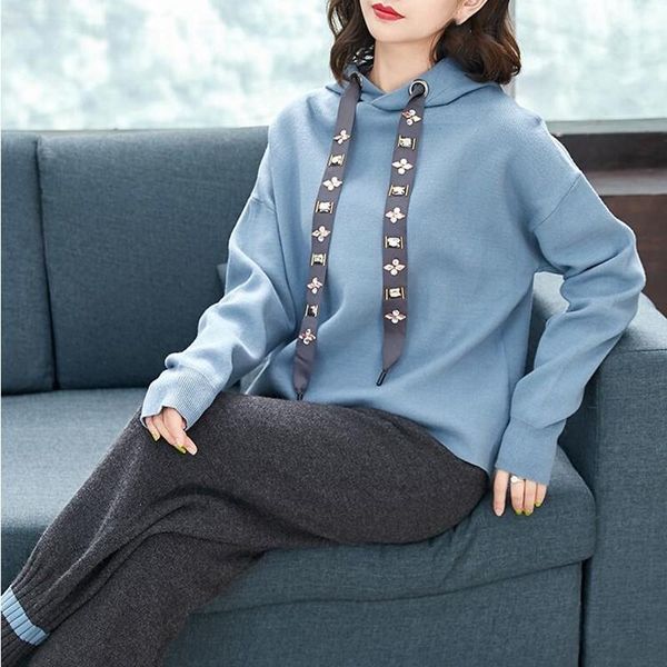 

two piece dress knitted sweater 2 set women outfits long sleeve hoodies and wide leg pant suits tracksuit, White