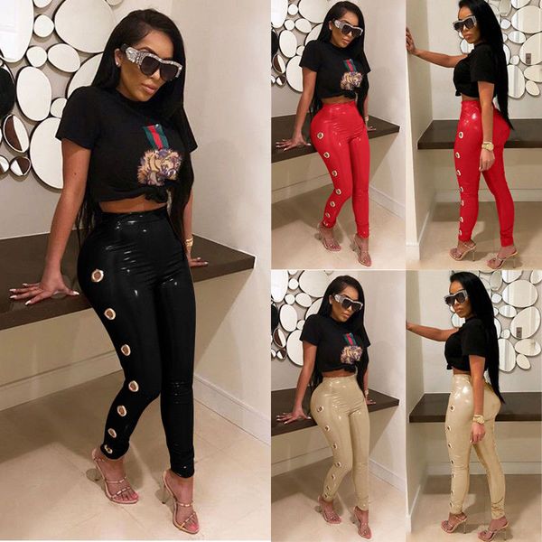

women ladies wet look stretchy pants fashion solid high waist pu leather skinny leggings pencil trousers women's casual pants, Black;white