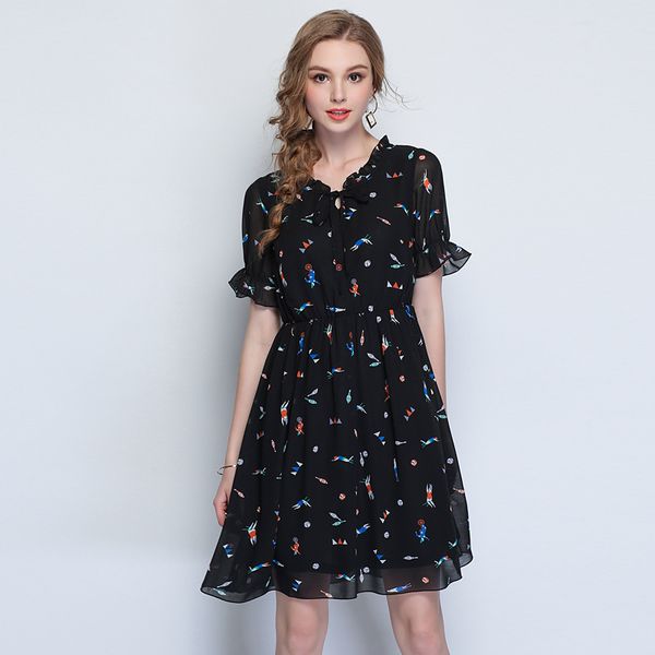 

2019 лето семь-точка с коротким рукав небольшой v-образный вырез европейского и американское платье шифон печать, Black;gray