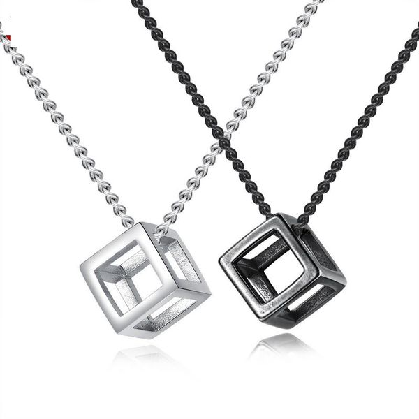 Novo designer de moda vintage oco geométrico 3d caixa quadrada colar de pingente de titânio para homens e mulheres