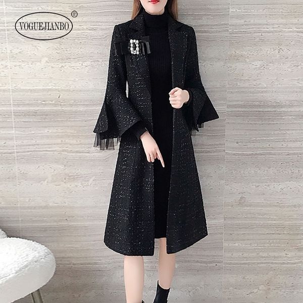 

2019 new autumn and winter black woolen coat women clothes korean bodycon fashion overcoat long sleeve temperament office ladies