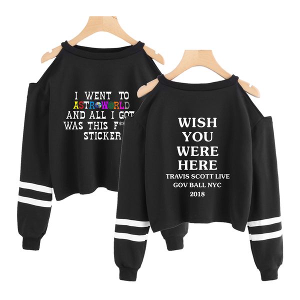 

astroworld kpop sweatshirt short sweatshirt off-shoulder fashion short astroworld hip hop kpop crop hoodies for women, Black
