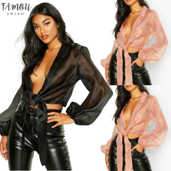 

women see through sheer silk blouses deep v neck turn down collar shirts open stitch lace up long sleeve, White