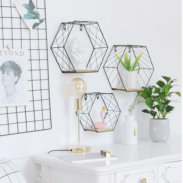 

iron hexagonal grid wall shelf combination wall hanging geometric figure for wall decoration living room bedroom nordic rack