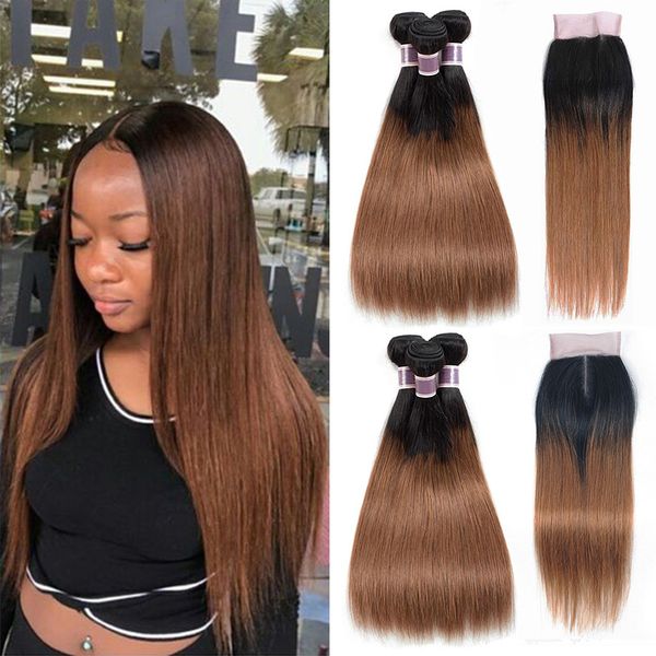 

1b 30 ombre brown human hair bundles with lace closure silky straight non-remy hair pre-colored brazilian virgin hair extensions, Black;brown