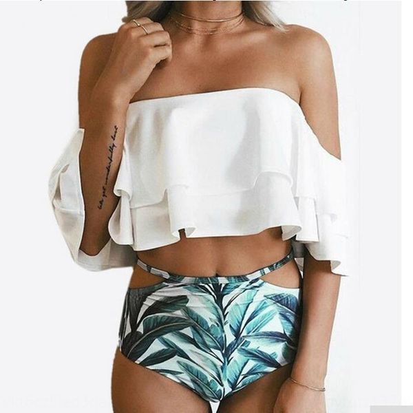 

flounces shoulder split bikini bikini swimsuit flounces shoulder split swimsuit, White;black