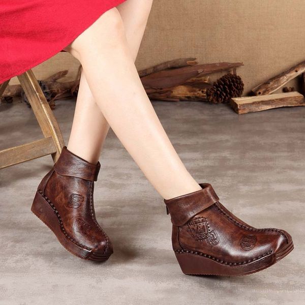 

women leather ankle boots embroidery autumn 2019 boots 5 cm high heels wedge shoes handade genuine leather, Black