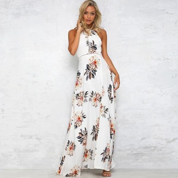 

Summer Halter Flora Printed Dress High Waist Dress With Split Ladies Open Back Bohemian Dress
