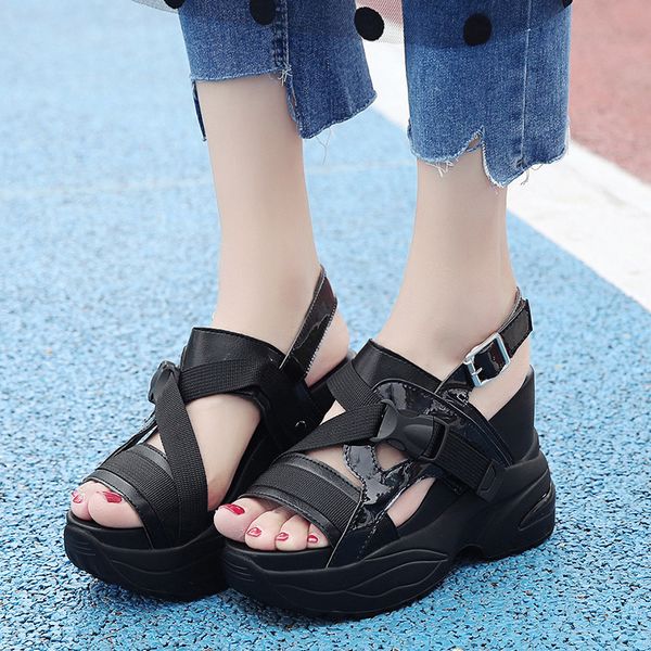 

2019 women's flat sandals summer breathable .5 cm high heel wedges women's casual thick open toe laser sandals, Black