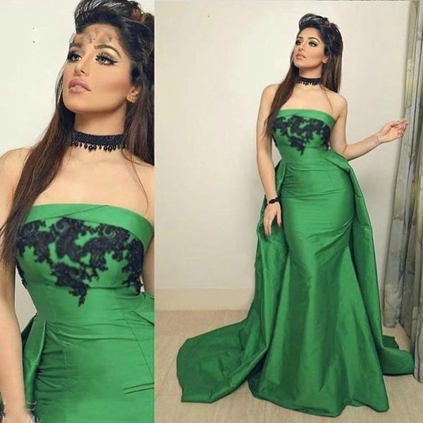 

robes de caftan abaya dubai strapless green long prom dress lace applique mermaid saudi arabia style satin evening party dress, Black;red