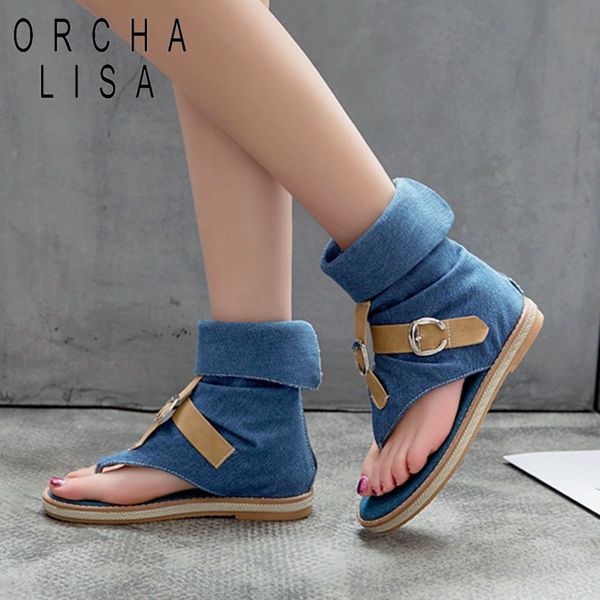 

orcha lisa blue denim shoes woman buckle gladiator sandals women summer jeans boots western booties sandalias plus size 43, Black