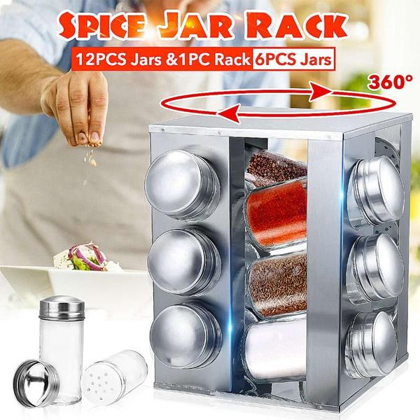 

12pcs condiment set 360 rotating spice jar rack kitchen cruet condiment bottle coffee sugar seal jar with stainless steel rack