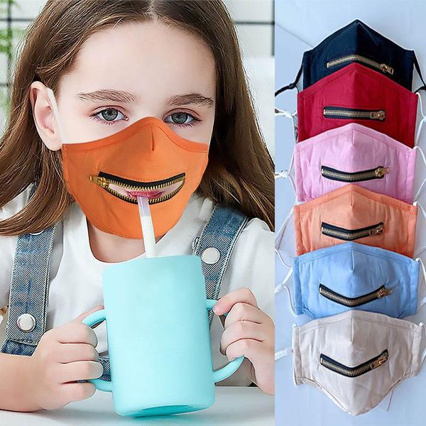 

Creative Zipper Kids Face Mask Washable Reusable Covering Protective Face Masks Easy To Drink Popular Mouth Straw Drinking Mask Cover FY9171