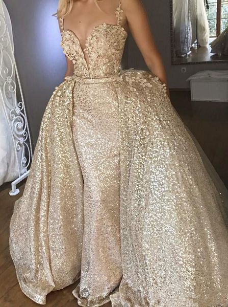 

роскошные золотые sequined русалка пром платья с отделяемым поезд спагетти с открытой спиной вечерние платья sexy формальные партии платье, Black