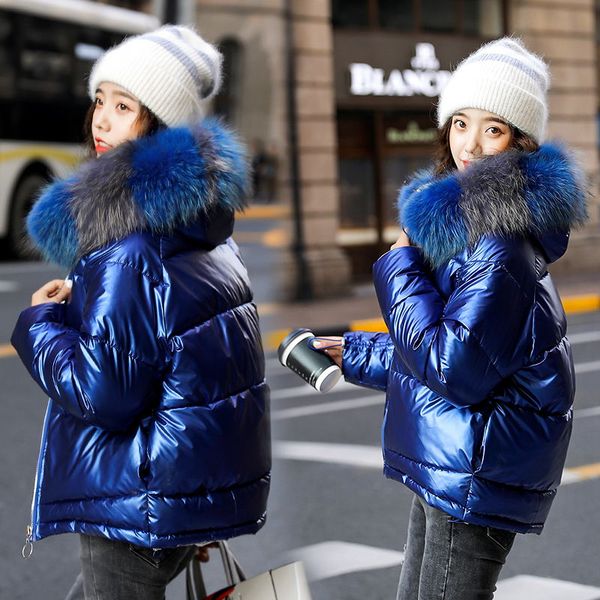 

new women winter gold down cotton jacket new fashion glossy black big hooded thick shiny loose big fur warm parkas lady coat