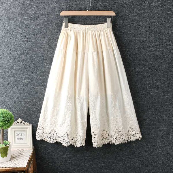 

hollow out lace patchwork embroidery vintage wide leg cotton pants 2020 spring, Black;white