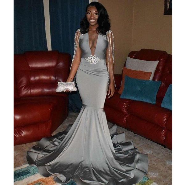 

mermaid formal dresses long illusion front grey jersey prom dresses girls graduation dresses 2020 newly robe de bal femme longue, Black