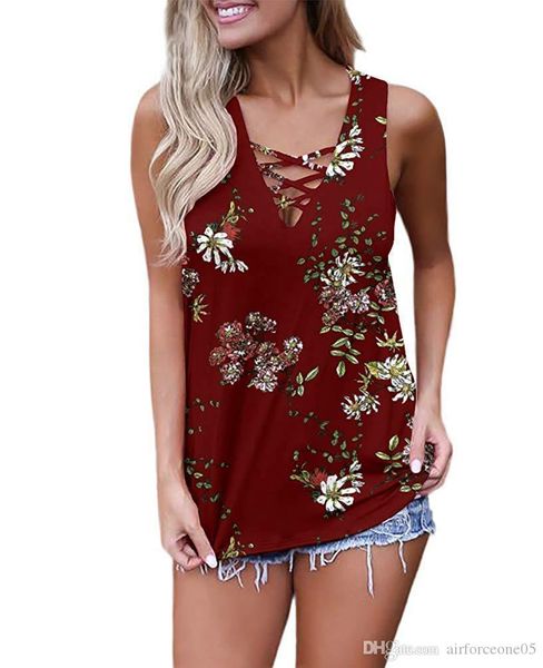 

floral printed v-neck designer vest women summer tshirts cool sleeveless women wear outside fashion female clothes vest, White