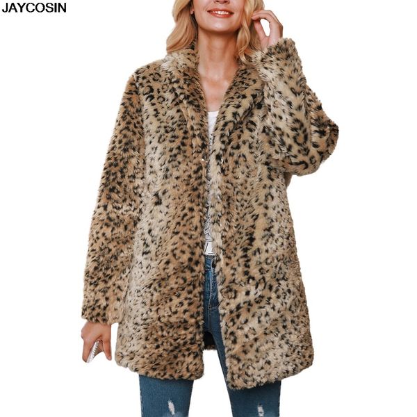 

jaycosin 2019 fashion faux fur coat leopard print winter jacket turn down collar slim women's outwear female streetwea 9902, Black