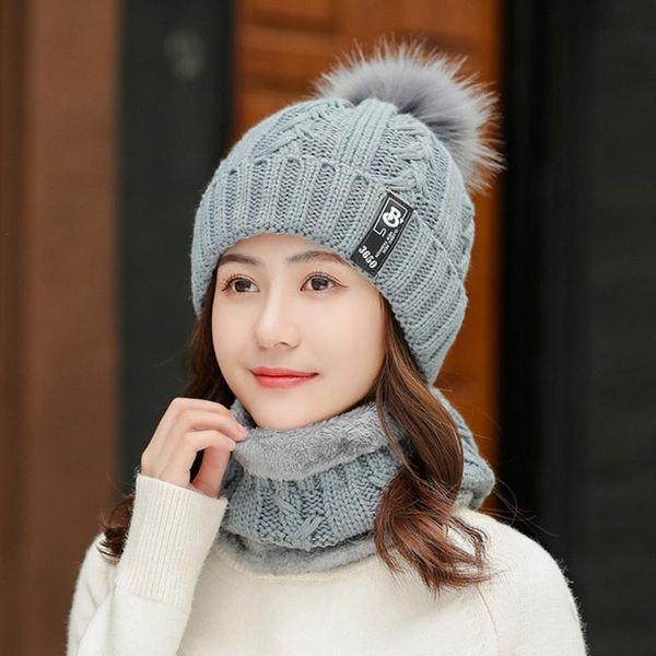 

winter women hat scarf set 2 pieces outdoor knitted hat ring scarf set warm plush lining thick female ski hairball, Blue;gray