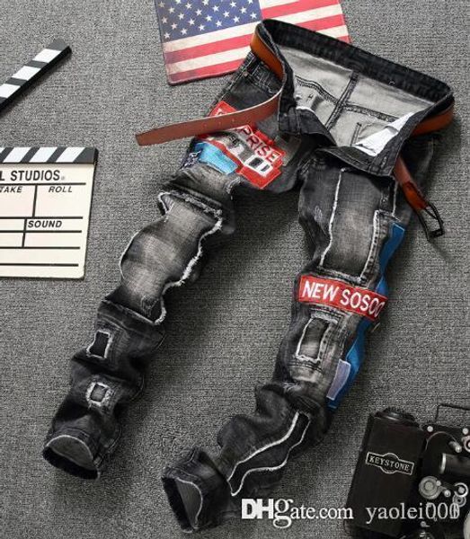 

печатные дырочные джинсы новый европейский и американский стиль мода человек отверстие мужские джинсы мода вышивка мужские брюки, Blue