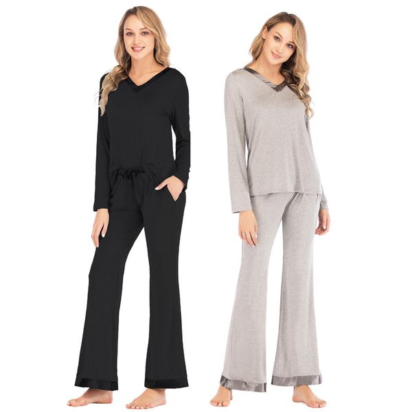 

sleepwear set spring women loose home pajmas two piece female casual v neck long sleeve elastic waist nightwear, Black;red