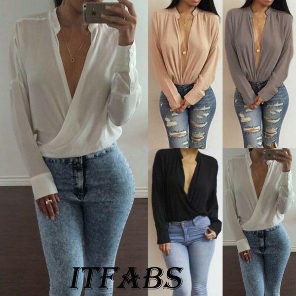 

womens blouse shirt long sleeve stand collar solid color loose chiffon cardigan blouse deep v neck fashion office shirts autumn, White