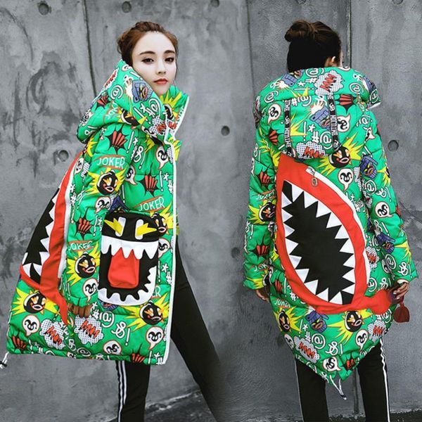 

женщины ветровки мультфильм граффити хлопка ватник женщин длинные пальто с капюшоном street style fashion нерегулярное пальто 3 цвета размер, Black