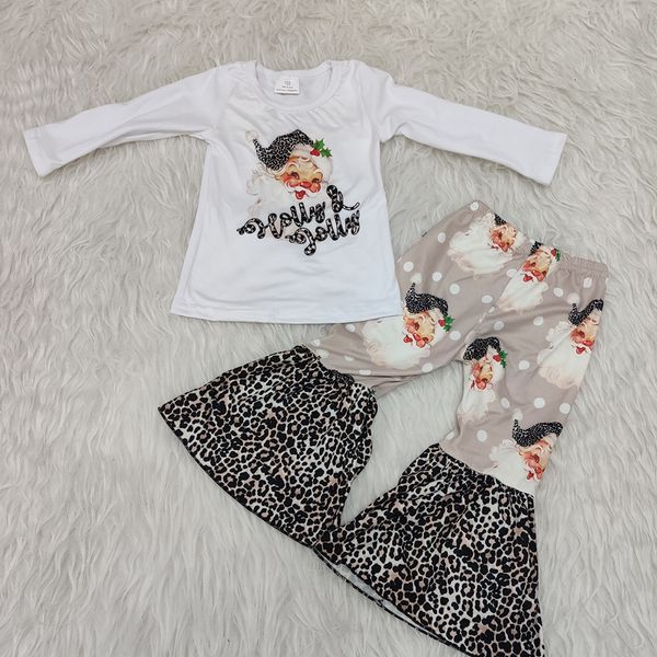 

baby girls cute long sleeve winter new design leopard bell bottom pants kids children christmas 2pcs outfits clothing sets, White