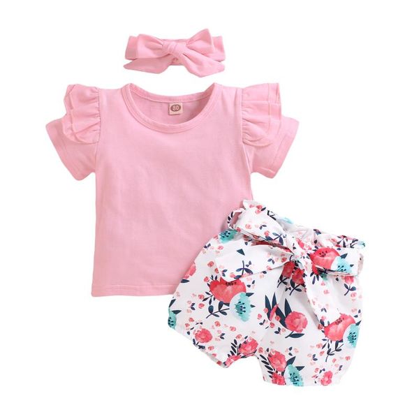 

маленькая девочка 3-piece outfit set solid color с коротким рукавом рябить вокруг шеи топ bow диапазона волос цветочным узором короткие брюк, White