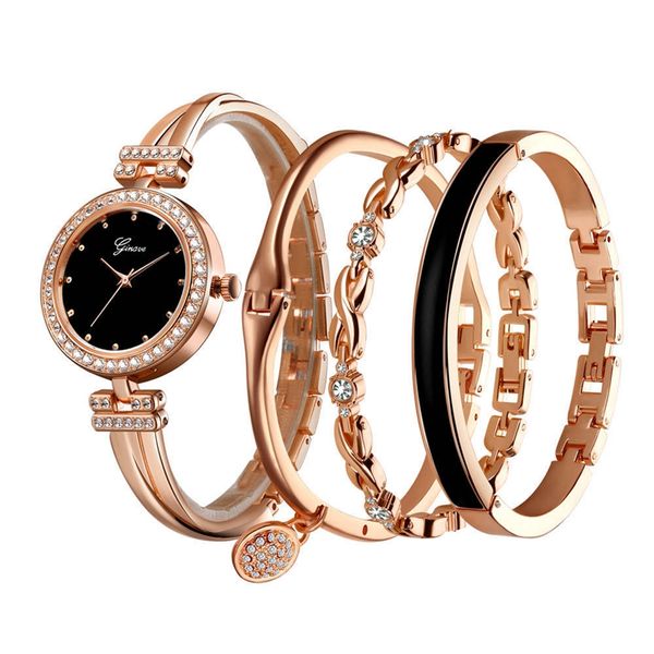 

4 pcs set ginave watch women rose gold diamond bracelet watch luxury jewelry ladies female girl hour casual quartz wristwatches, Slivery;brown