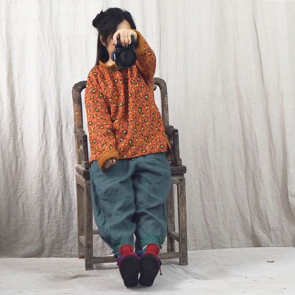 

women loose autumn winter fleeced stand collar parkas coat ladies retro print parkas female vintage fleece coat 2019, Black