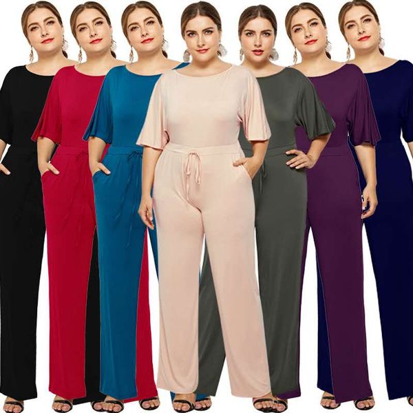 

2020 new style summer plus size women clothing 3xl casual u-neck tether half sleeve solid color simple wide-leg pants jumpsuit, Black;white