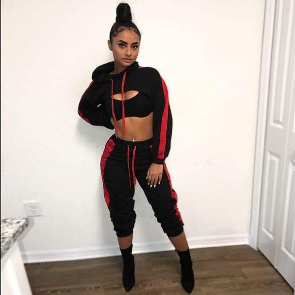 

2018 autumn fitness women tracksuits block color two piece women set hoodies sweatshirt and pant suit casual cropped top, Gray