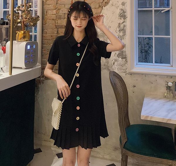 

new summer short-sleeved pleated dress women, Black;gray