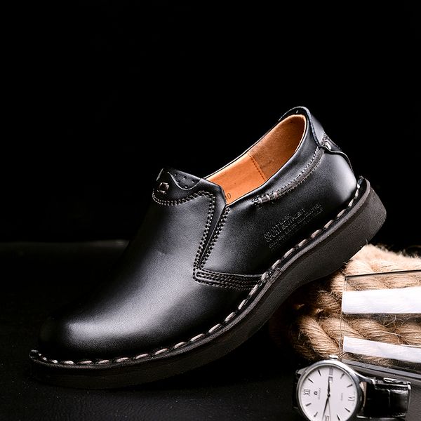 

genuine leather men's business leisure shoes british handmade sewing comfortable driving shoes anti-skid men's loafer, Black