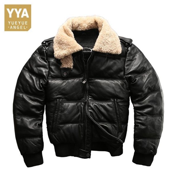 

lamb fur collar genuine leather jackets motorcycle riding sheepskin real leather down jacket men winter fashion luxury coat male, Black