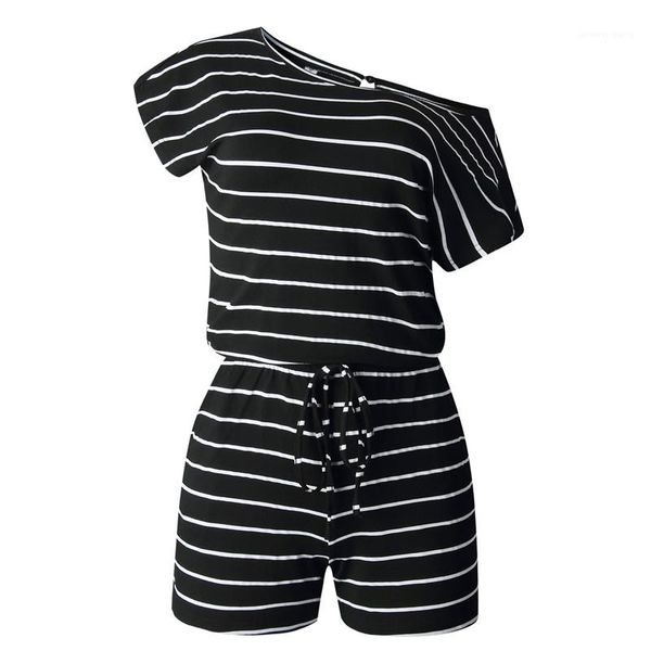 

short sleeve min drawstring striped printed womerns rompers street style female clothing summer female casual jumpsuits, Black;white