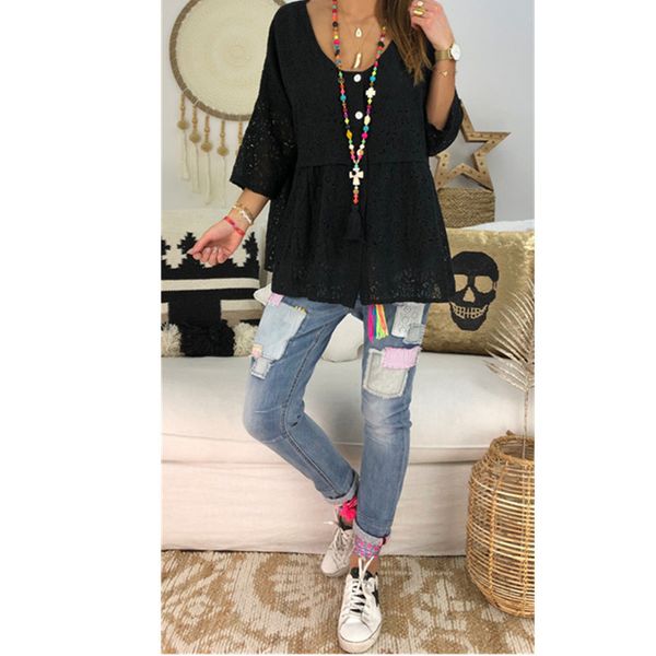 

summer large casual women's loose regular solid lace hollow out three quarter v-neck t-shirt, White