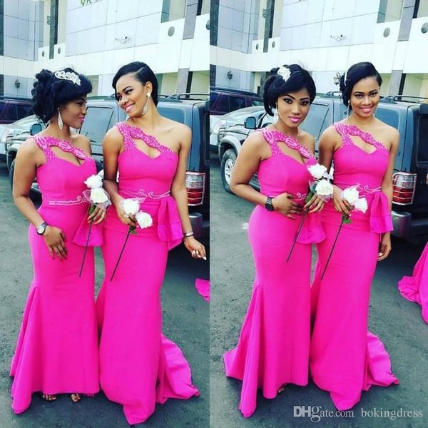 

gorgeous one shoulder fushia african long bridesmaid dresses 2019 satin beaded ruffles mermaid maid of honor gowns for wedding custom made, White;pink