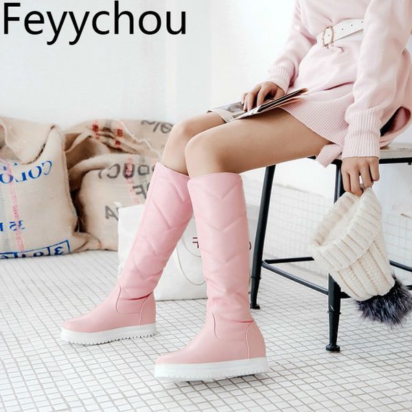

women boots autumn winter warm round toe med heel knee-high slip on plush 2018 pu new fashion black pink white size 34-43