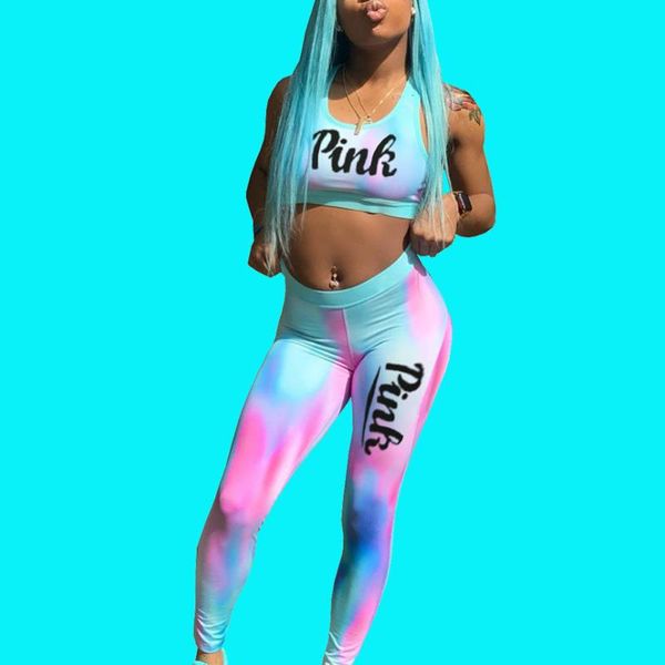 

2020 summer letter pink print tracksuit women casual outfits two piece set tanks and fit length pants yoga suit, White;red