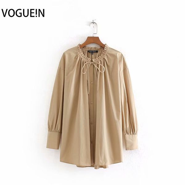 

voguein new womens casual khaki tie bow ruffled neck long sleeve shirt blouse wholesale, White
