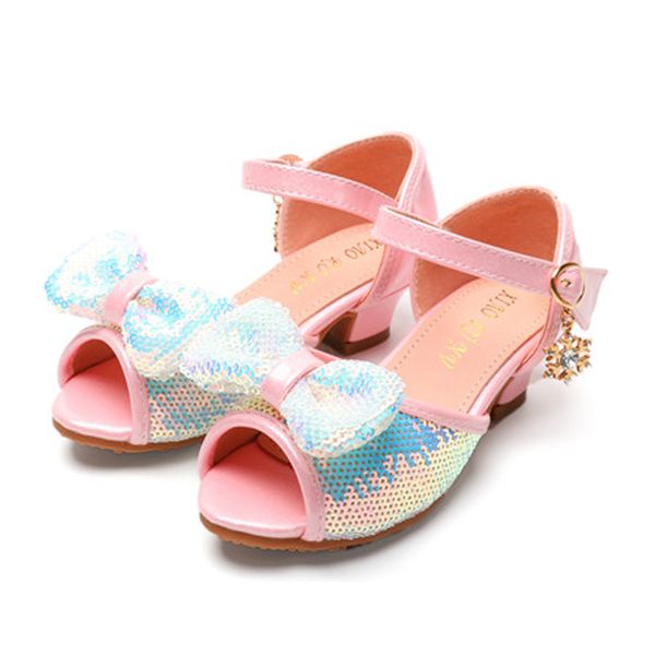 

princess kids shoes for girls flower casual sequins glitter children high heel girls shoes butterfly knot princess sandals pink, Black;red