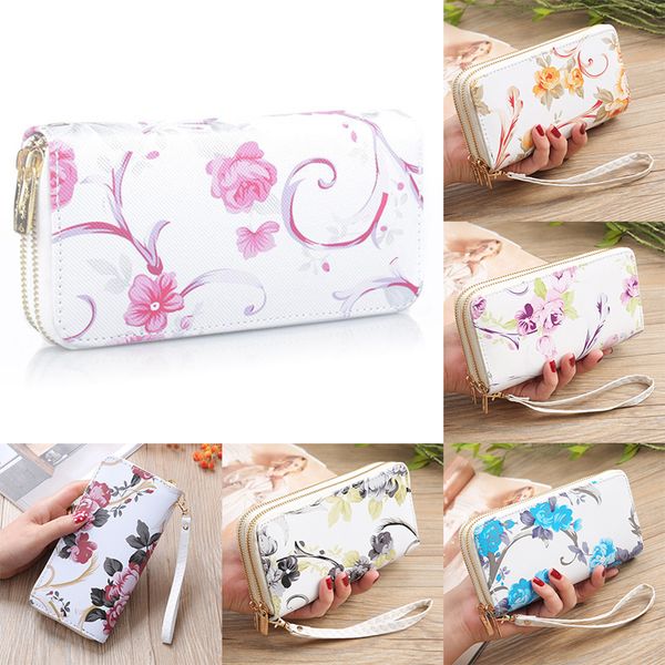

women charm rose flower wristlets pu leather double zipper long clutch wallets card holder coin pouches girls handbag organizer wallet, Red;black