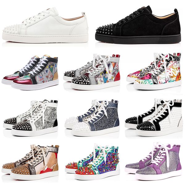 

2020 новые мужчины женщины дизайнер на заказ красные днища мода роскошный выпускной граффити плоские кожаные заклепки обувь повседневная обу, Black