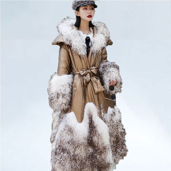 

hooded duck down jacket women parka natura mongolian sheep fur long down coat women winter thick warm fur coat catwalk models, Black