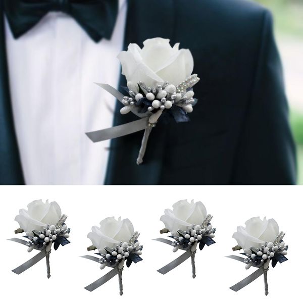 

4x fake rose flower brooch pin wedding corsage pin white and silver gray