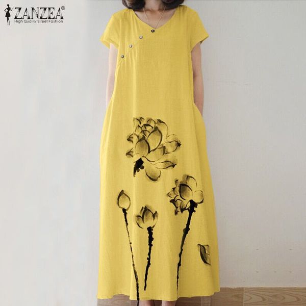 

summer sundress zanzea vintage women v neck floral printed cotton linen dress loose vestido baggy short sleeve kaftan dresses, Black;gray
