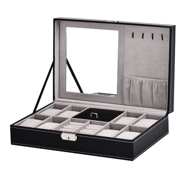 

2 in 1 8 watch box grid + 3 hybrid mesh case storage box luxury jewelry ring display watch black, Black;blue
